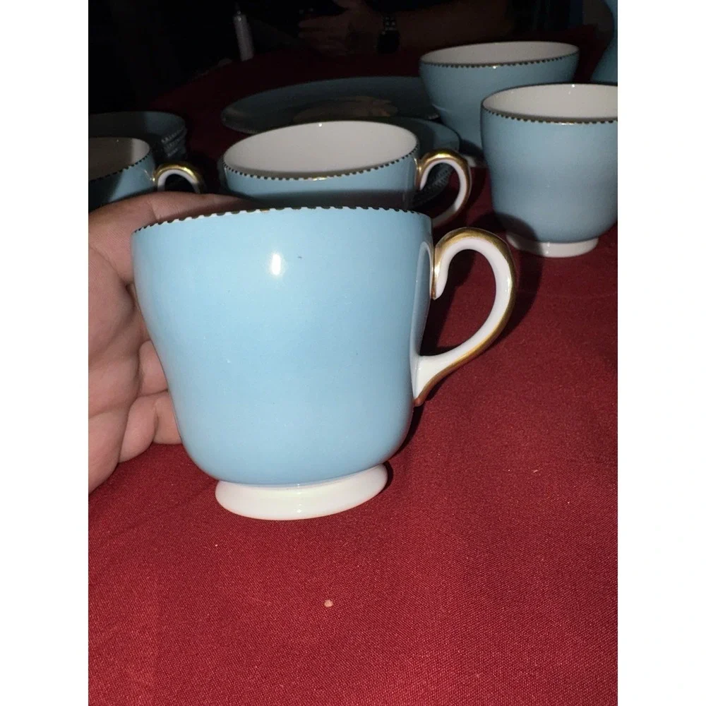 Wedgwood W4143 Sky Blue Gold Beaded Tea Set Fine Bone China England - 20 Pcs